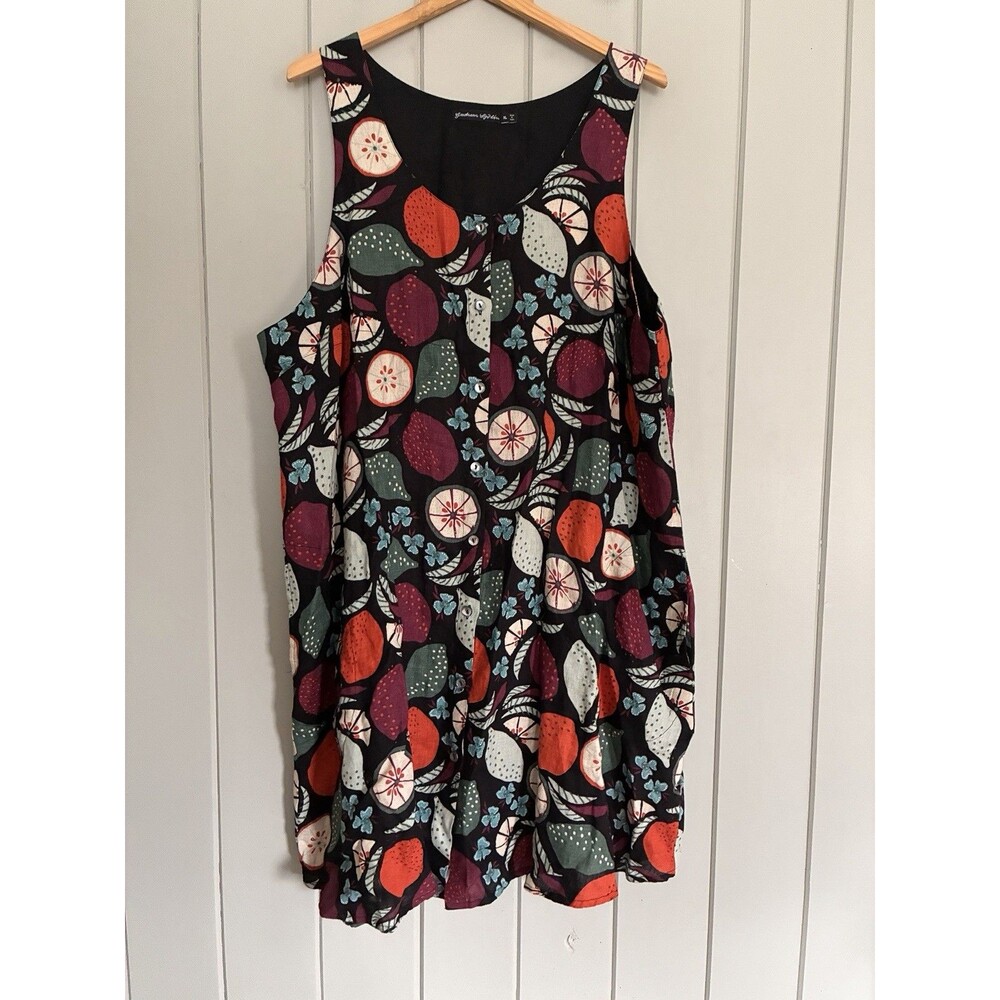 Gudrun Sjoden Black Linen Fruit Print Button Front Tunic Dress XL Sleeveless